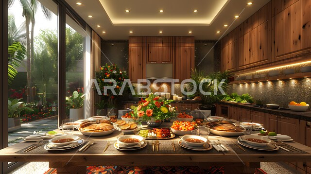 واجهه زجاجية مطلة على الحديقة الخارجية، التصاميم والديكورات الداخلية للفلل والشقق السكنية الفاخرة في السعودية، طاولة وكراسي لسفرة الطعام داخل المنزل، غرفة طعام بتصاميم عصرية حديثه
