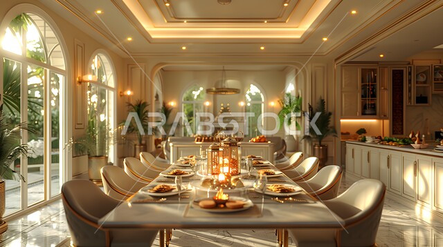 واجهه زجاجية مطلة على الحديقة الخارجية، التصاميم والديكورات الداخلية للفلل والشقق السكنية الفاخرة في السعودية، طاولة وكراسي لسفرة الطعام داخل المنزل، غرفة طعام بتصاميم عصرية حديثه