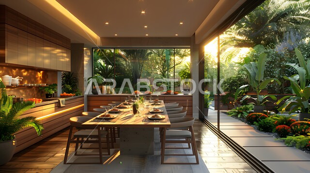 غرفة طعام بتصاميم عصرية حديثه، واجهه زجاجية مطلة على الحديقة الخارجية، التصاميم والديكورات الداخلية للفلل والشقق السكنية الفاخرة في السعودية، طاولة وكراسي لسفرة الطعام داخل المنزل