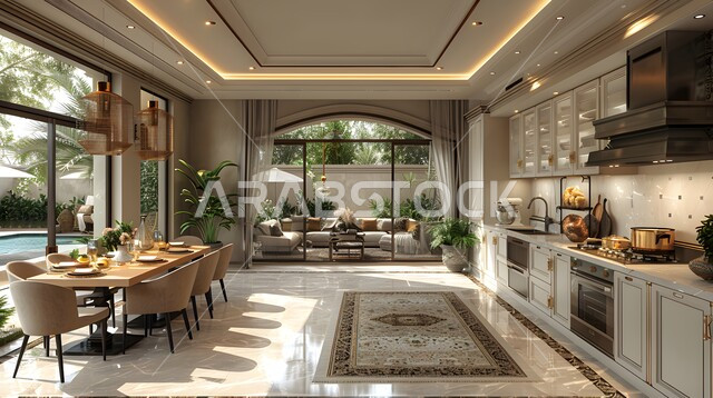 غرفة طعام بتصاميم عصرية حديثه، واجهه زجاجية مطلة على الحديقة الخارجية، التصاميم والديكورات الداخلية للفلل والشقق السكنية الفاخرة في السعودية، طاولة وكراسي لسفرة الطعام داخل المنزل