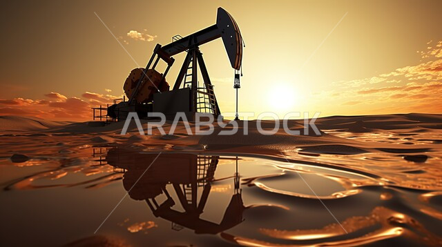 التقدم والنمو الاقتصادي، معدات وأدوات التنقيب عن النفط، مشاريع صناعية بتروكيماوية، صورة ظلية لعملية استخراج البترول من الاراضي الصحراويه وقت الغروب، اعتماد التقنيات والتكنولوجيا الحديثة في إنتاجية الغاز في المملكة العربية السعودية, سالويت