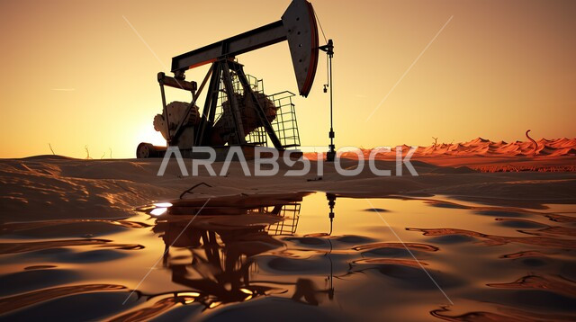 النمو والتقدم الاقتصادي، معدات وأدوات التنقيب عن النفط، مشاريع صناعية بتروكيماوية، صورة ظلية لعملية استخراج البترول من الاراضي الصحراويه وقت الغروب، اعتماد التقنيات والتكنولوجيا الحديثة في إنتاجية الغاز في المملكة العربية السعودية, سالويت