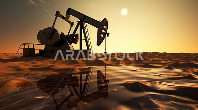 اعتماد التقنيات والتكنولوجيا الحديثة في إنتاجية الغاز في المملكة العربية السعودية، صورة ظلية لعملية استخراج البترول من الاراضي الصحراويه وقت الغروب، التقدم والنمو الاقتصادي، معدات وأدوات التنقيب عن النفط، مشاريع صناعية بتروكيماوية، سالويت