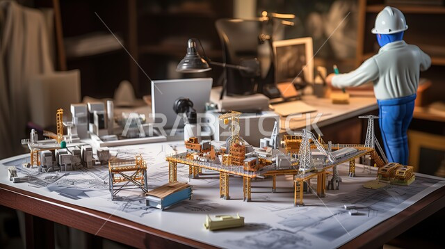 استكمال مهام العمل ورسم المشاريع، المعدات والأدوات ومخططات البناء على طاولة مكتب، نموذج مصغر لمبنى، مجسم ثلاثي أبعاد لمهندس يرتدي سترة وخوذة الحماية يرسم ويتابع الأعمال والتصاميم، مهن ووظائف هندسية سعودية