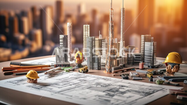 مجسم ثلاثي أبعاد للأبراج وناطحات السحاب، استكمال مهام العمل ورسم المشاريع، المعدات والأدوات ومخططات البناء على طاولة مكتب، نموذج مصغر لمبنى، مهن ووظائف هندسية سعودية