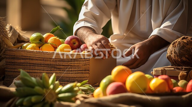 Traditional popular fruit markets in Saudi Arabia, high nutritional value foods, carton box containing healthy fresh fruits, close-up of a Saudi Arabian Gulf man in traditional dress working in a vegetable market, local national agricultural crops and products
