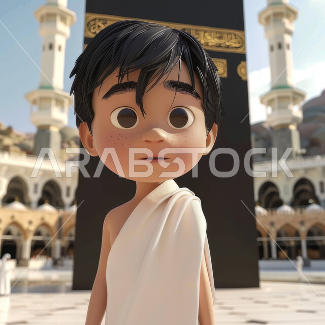 أداء مناسك الحج والعمرة، العبادة والتقرب إلى الله، معالم وأماكن اسلامية دينية مقدسة، رسوم كرتونية توضيحية ثلاثية الأبعاد لشاب عربي خليجي سعودي يقف في ساحة الحرم المكي الشريف، وجهة المسلمين من كل بقاع الأرض، خلفية الكعبة