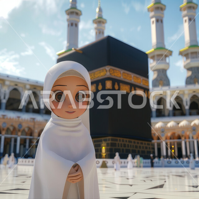 العبادة والتقرب إلى الله، معالم وأماكن اسلامية دينية مقدسة، رسوم كرتونية توضيحية ثلاثية الأبعاد لشابة عربية خليجية سعودية تقف في ساحة الحرم المكي الشريف، أداء مناسك الحج والعمرة، وجهة المسلمين من كل بقاع الأرض، خلفية الكعبة