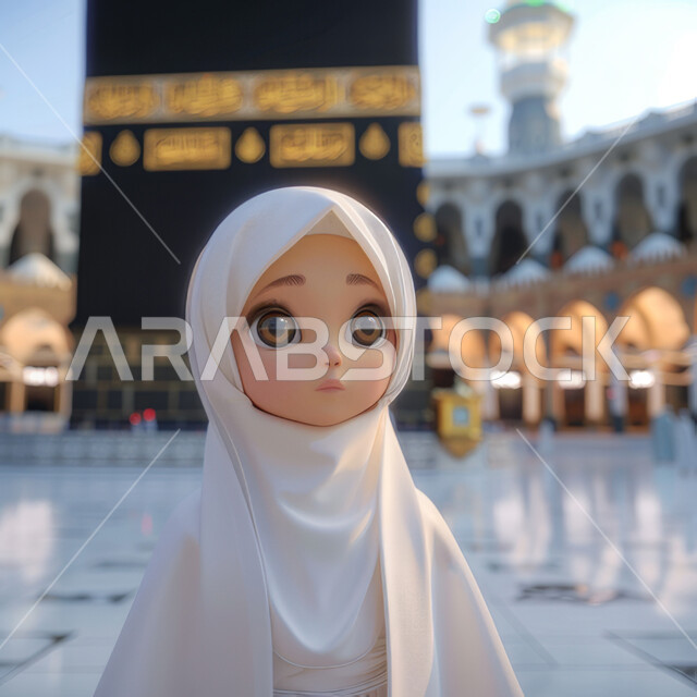 أماكن ومعالم اسلامية دينية مقدسة، رسوم كرتونية توضيحية ثلاثية الأبعاد لشابة عربية خليجية سعودية تقف في ساحة الحرم المكي الشريف، العبادة والتقرب إلى الله، أداء مناسك الحج والعمرة، وجهة المسلمين من كل بقاع الأرض، خلفية الكعبة