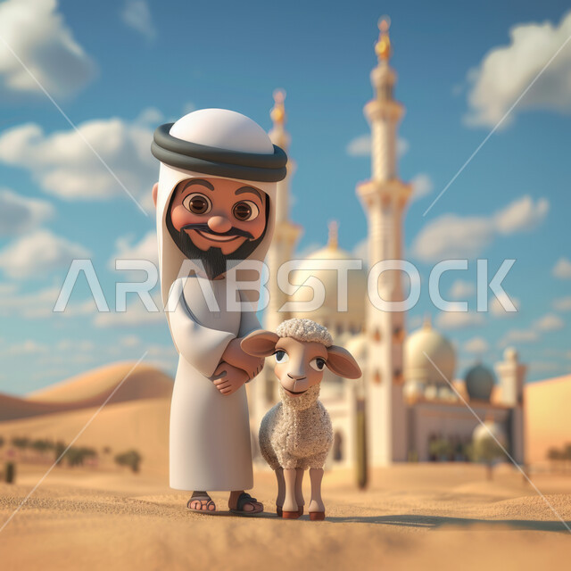 أضحية وقربان عيد الأضحى المبارك، الأعياد والمناسبات الدينية الإسلامية، رسوم توضيحية كرتونية ثلاثية الأبعاد لرجل عربي خليجي سعودي مع خروف أبيض لطيف في الصحراء، مسلسلات و أفلام كرتون أطفال، خلفية مسجد