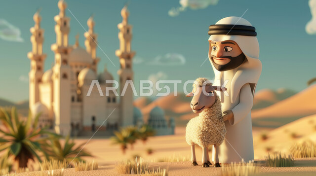 قربان وأضحية عيد الأضحى المبارك، الأعياد والمناسبات الدينية الإسلامية، رسوم توضيحية كرتونية ثلاثية الأبعاد لرجل عربي خليجي سعودي مع خروف أبيض لطيف في الصحراء، مسلسلات و أفلام كرتون أطفال، خلفية مسجد