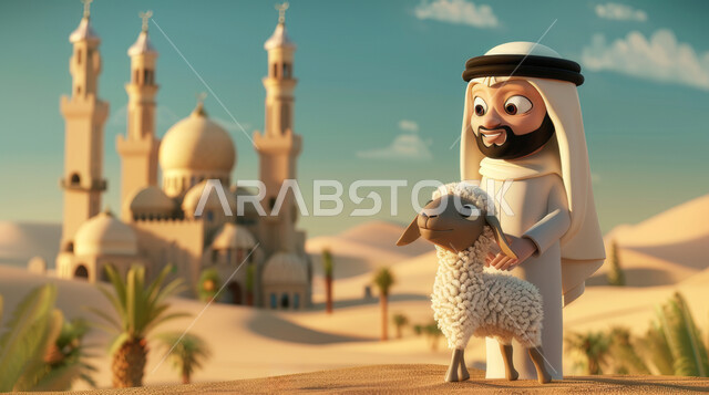 الأعياد والمناسبات الدينية الإسلامية، قربان وأضحية عيد الأضحى المبارك، رسوم توضيحية كرتونية ثلاثية الأبعاد لرجل عربي خليجي سعودي مع خروف أبيض لطيف في الصحراء، مسلسلات و أفلام كرتون أطفال، خلفية مسجد