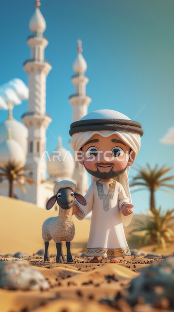 Islamic religious occasions and holidays, Eid al-Adha sacrifice, 3D cartoon illustration of a Saudi Arabian Gulf man with a cute white sheep in the desert, children's cartoon series and movies, mosque background