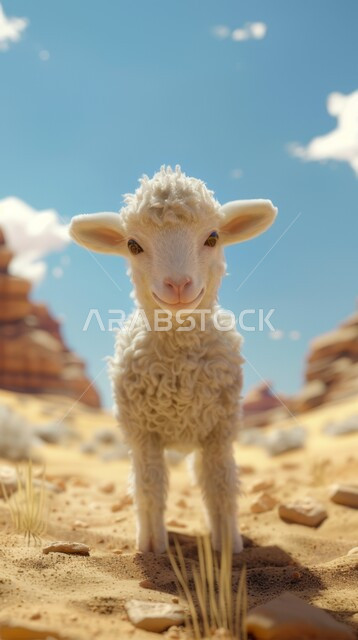 3D cartoon illustration of cute white sheep in the desert, Eid al-Adha sacrifice and offering, Islamic religious holidays and occasions, children's cartoon series and movies, sand dunes and soft sand in desert places