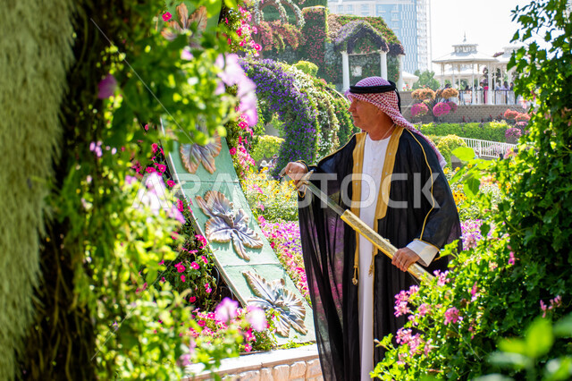 Spending fun times in public parks, distinguished agricultural engineering in the United Arab Emirates, a foreign tourist wearing traditional dress in Miracle Garden, interest in planting trees and flowers in parks, famous recreational tourist attractions