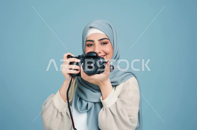 الأناقة والاهتمام بالمظهر الخارجي, موهبة واحتراف فن التصوير بكاميرا عالية الدقة،  التقاط الصور التذكارية باستخدام كاميرا التصوير الفوتوغرافي، بورتريه مقرب لشابة عربية خليجية سعودية محجبة تحمل بيديها الكاميرا بإيماءات البشاشة، خلفية زرقاء