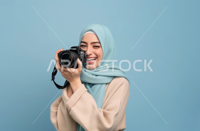 التقاط الصور التذكارية باستخدام كاميرا التصوير الفوتوغرافي، موهبة واحتراف فن التصوير بكاميرا عالية الدقة، الأناقة والاهتمام بالمظهر الخارجي, بورتريه مقرب لشابة عربية خليجية سعودية محجبة تحمل بيديها الكاميرا بإيماءات البشاشة، خلفية زرقاء