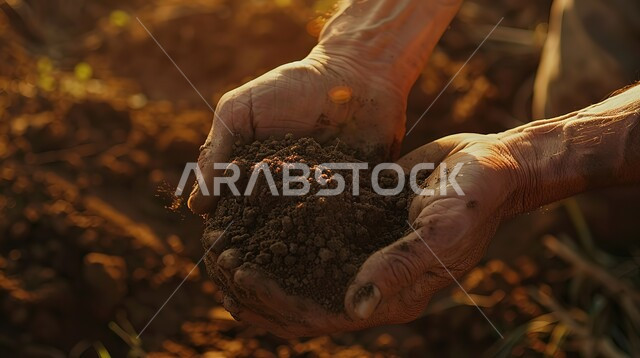 الزراعة والاهتمام بالتربة, صورة مقربة ليد رجل عربي خليجي سعودي يحمل بيده حفنة من التراب, الحفاظ على التراث الزراعي, مفهوم مهنة الفلاحة, مزارع وحقول المملكة العربية السعودية