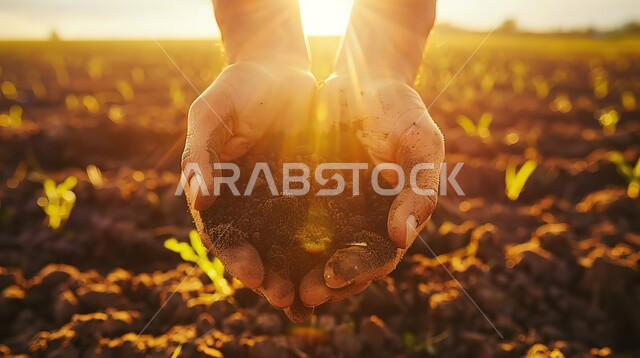  الحفاظ على التراث الزراعي, مفهوم مهنة الفلاحة, مزارع وحقول المملكة العربية السعودية, الزراعة والاهتمام بالتربة, صورة مقربة ليد رجل عربي خليجي سعودي يحمل بيده حفنة من التراب