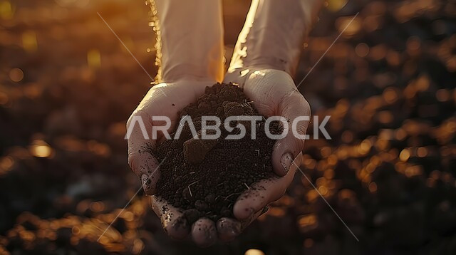الزراعة والاهتمام بالتربة, صورة مقربة ليد رجل عربي خليجي سعودي يحمل بيده حفنة من التراب, الحفاظ على التراث الزراعي, مفهوم مهنة الفلاحة, مزارع وحقول المملكة العربية السعودية