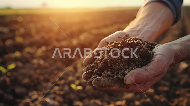  الحفاظ على التراث الزراعي, مفهوم مهنة الفلاحة, مزارع وحقول المملكة العربية السعودية, الزراعة والاهتمام بالتربة, صورة مقربة ليد رجل عربي خليجي سعودي يحمل بيده حفنة من التراب