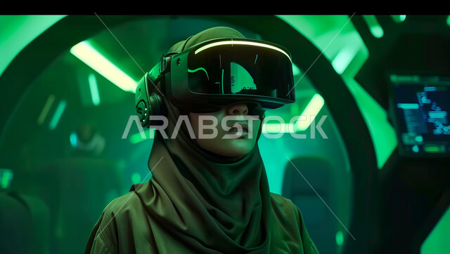 Fun and entertainment by simulating the imaginary world, merging and interacting with virtual reality, using modern and advanced devices and technology, a close-up image of a veiled Saudi Arabian Gulf woman wearing 3D VR glasses looking at something