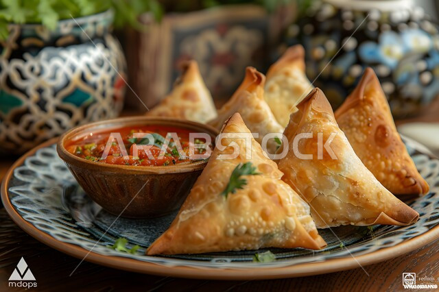 طبق من السمبوسك المقرمشة مع الخضراوت والصلصات، وصفات المأكولات والأطعمة العربية الشرقية السعودية اللذيذة ، أطباق رئيسية في سفرة إفطار شهر رمضان المبارك، مقبلات رمضانية شهية، فطائر مقلية متنوعة الحشوات