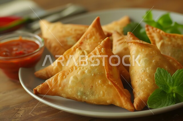 أطباق رئيسية في سفرة إفطار شهر رمضان المبارك، وصفات المأكولات والأطعمة العربية الشرقية السعودية اللذيذة ، طبق من السمبوسك المقرمشة مع الخضراوت والصلصات، مقبلات رمضانية شهية، فطائر مقلية متنوعة الحشوات