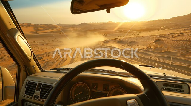 Driving a four-wheel drive vehicle (dune bashing) in the middle of the desert, safari adventures on the sand dunes, fun desert activities, an exciting adventure on the soft golden sands in the deserts of the United Arab Emirates, enjoying practicing your favorite hobbies
