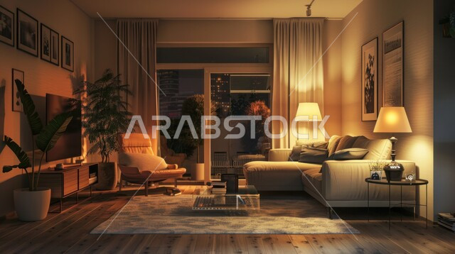 نباتات الزينة المنزلية, غرف معيشه بتصاميم حديثه فاخرة، التحف والديكورات الأنيقة على الطراز المتطور، الفن الهندسي والديكور الداخلي لغرفة جلوس واسعة, أثاث منزلي راقي وفخم, الإضاءة والاكسسوارات العصرية