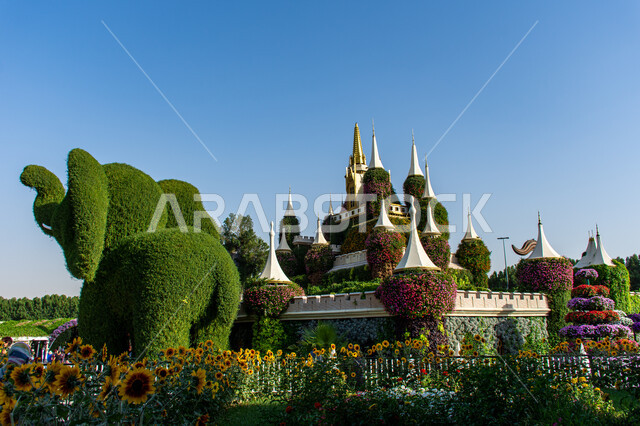 Spending enjoyable times in the gardens, a picture from the back of a model made of green grass in the shape of an elephant in the Miracle Garden in Dubai, paying attention to planting flowers and roses in the gardens, distinguished agricultural engineering in the United Arab Emirates, famous recreational tourist places