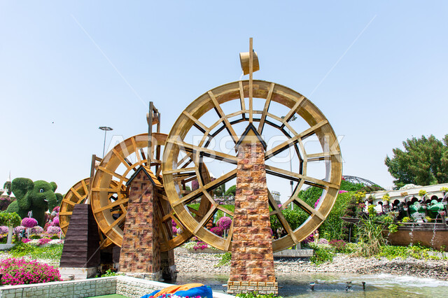 تحف تاريخية اثرية مميزة ,قضاء اوقات ممتعة في الحدائق, وجهة مثالية سياحية ترفيهية مشهورة ,الاهتمام بزراعة الازهار والورود في الحدائق ,الهندسة الزراعية في الإمارات العربية المتحدة, ناعورة مصنوعة من الخشب في الحديقة المعجزة في دبي