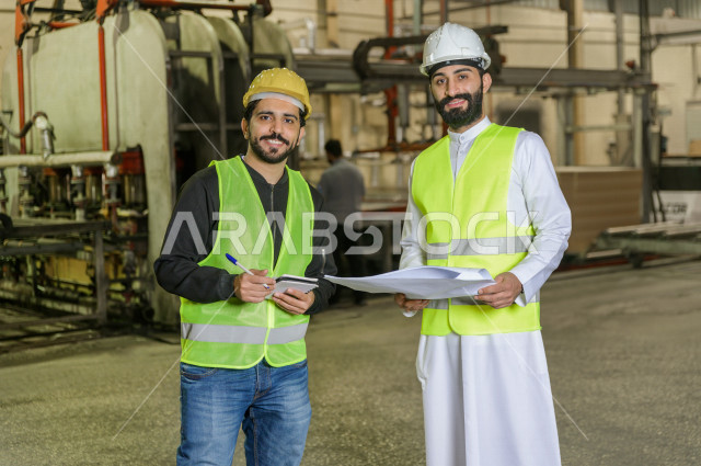 مهندسان سعوديان عاملان يشرفان في داخل المصنع في المملكة العربية السعودية , إرتداء خوذة وسترة الحماية الخاصة بالعمل , العامل المسؤول بخوذة صفراء , المهندس المشرف بخوذة بيضاء , يحملان ورقة مخطط المصنع للتخطيط والتنفيذ , تدقيق العمل , الإشراف والنقاش