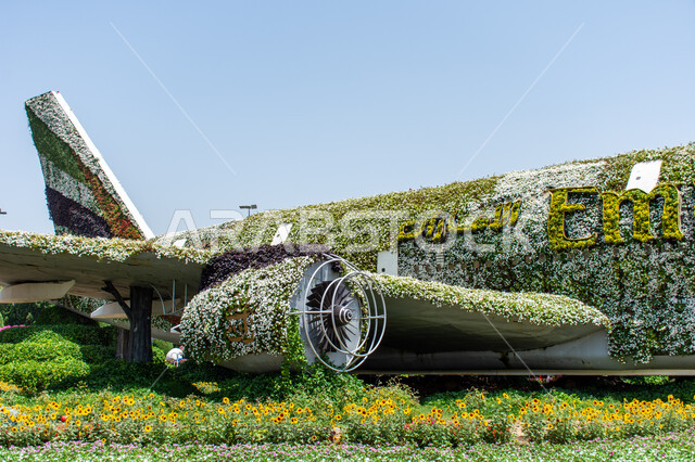 الهندسة الزراعية المتميزة في الإمارات العربية المتحدة, مجسم عملاق على شكل طائرة مغلفة بالزهور البيضاء في الحديقة المعجزة في دبي ،معالم سياحية ترفيهية مشهورة، قضاء اوقات ممتعة في المناطق العامة, الاهتمام بزراعة الازهار والورود في الحدائق