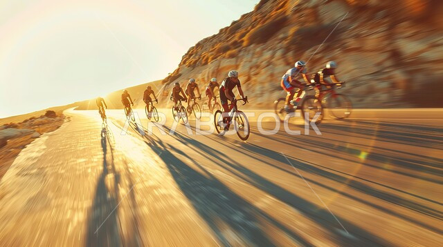 نشاط بدني للمحافظه على الصحه واللياقه الجسديه, تمارين لحرق الدهون و إنقاص الوزن، ممارسة هواية ركوب الدراجه ، مجموعة من المتسابقون الرياضيون يقودون الدراجات الهوائيه في احدى الطرق الجبلية، مسابقات وأنشطة ترفيهية ممتعة
