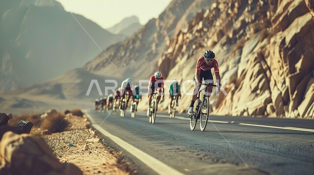 ممارسة هواية ركوب الدراجه ، تمارين لحرق الدهون و إنقاص الوزن ،نشاط بدني للمحافظه على الصحه واللياقه الجسديه, مجموعة من المتسابقون الرياضيون يقودون الدراجات الهوائيه في احدى الطرق الجبلية، مسابقات وأنشطة ترفيهية ممتعة