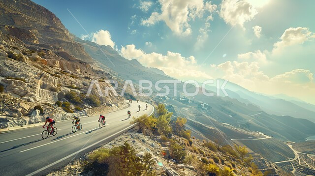 تمارين لحرق الدهون و إنقاص الوزن، ممارسة هواية ركوب الدراجه ، نشاط بدني للمحافظه على الصحه واللياقه الجسديه, مجموعة من المتسابقون الرياضيون يقودون الدراجات الهوائيه في احدى الطرق الجبلية، مسابقات وأنشطة ترفيهية ممتعة