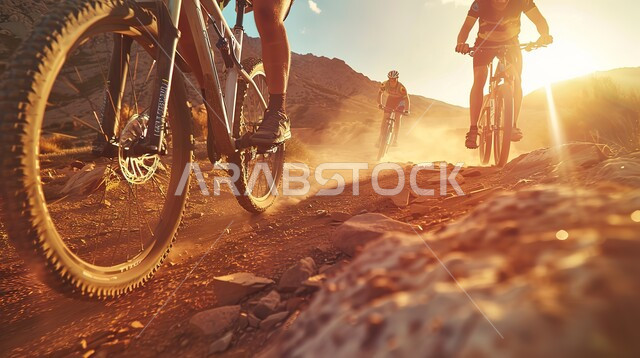 أنشطة ترفيهية و مسابقات ممتعة، مجموعة من المتسابقون الرياضيون يقودون الدراجات الهوائيه في احدى المناطق الجبلية، منشاط بدني للمحافظه على الصحه واللياقه الجسديه, تمارين لحرق الدهون و إنقاص الوزن، ممارسة هواية ركوب الدراجه