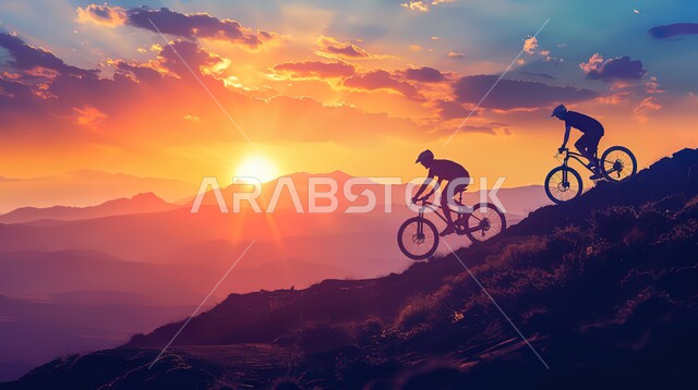 ترفيه وتسليه وممارسة هواية ركوب الدراجه ، تمارين لحرق الدهون و إنقاص الوزن ،نشاط بدني للمحافظه على الصحه واللياقه الجسديه, صورة ظلية لصديقان عربيان خليجيان سعوديان يقودان الدراجات الهوائيه في احدى الطرق الجبلية وقت الغروب، سالويت