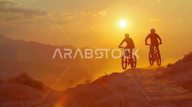 تسليه وترفيه وممارسة هواية ركوب الدراجه ، تمارين لحرق الدهون و إنقاص الوزن ،نشاط بدني للمحافظه على الصحه واللياقه الجسديه, صورة ظلية لصديقان عربيان خليجيان سعوديان يقودان الدراجات الهوائيه في احدى الطرق الجبلية وقت الغروب، سالويت