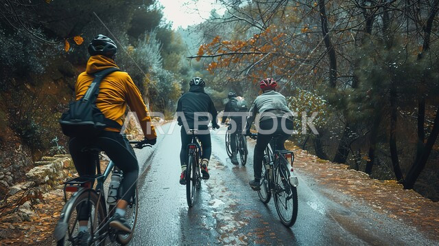 Fun races and recreational activities, a group of athletes riding bicycles in a forest, a physical activity to maintain health and physical fitness, exercises to burn fat and lose weight, practicing the hobby of cycling