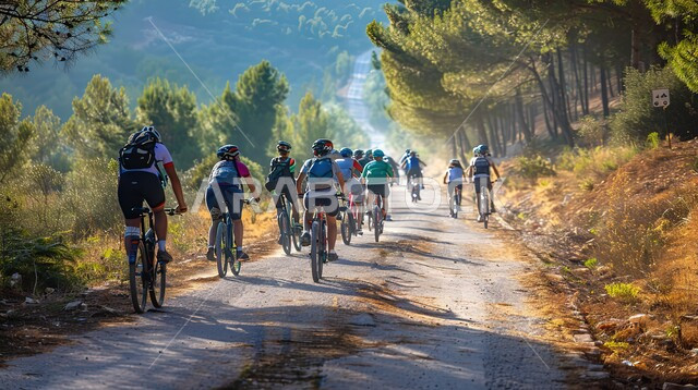 مسابقات وأنشطة ترفيهية ممتعة، مجموعة من المتسابقون الرياضيون يقودون الدراجات الهوائيه في احدى الغابات، منشاط بدني للمحافظه على الصحه واللياقه الجسديه, تمارين لحرق الدهون و إنقاص الوزن، ممارسة هواية ركوب الدراجه