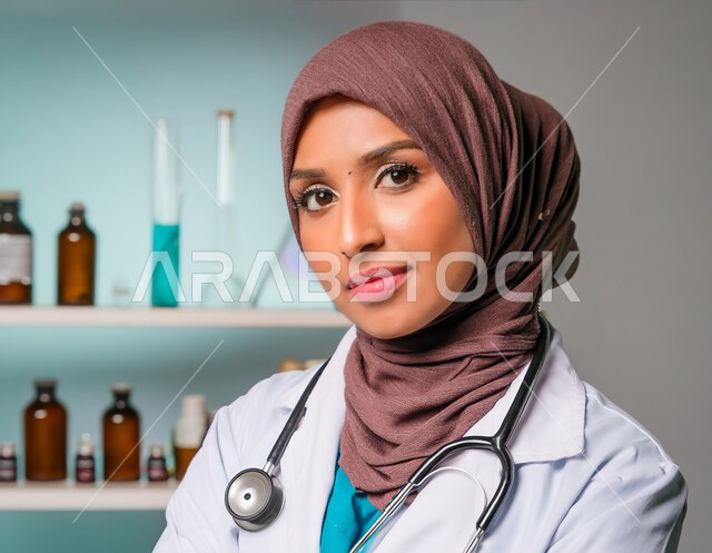 The concept of femininity and softness, a close-up of a smiling veiled Saudi Arabian Gulf female doctor wearing a white medical coat and an examination stethoscope, looking at the camera with gestures of self-confidence, caring about her appearance, providing a medical examination, working in the Saudi health sector,