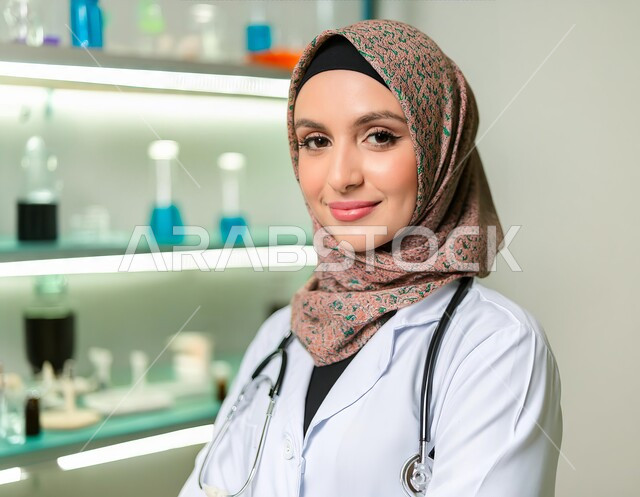 مهن ووظائف سعودية، تقديم الخدمات العلاجية والفحوصات الطبية للمرضى، صورة مقربة لطبيبة عربية خليجية سعودية محجبة مبتسمة ترتدي المعطف الطبي الأبيض وسماعة الفحص، النظر إلى الكاميرا بايماءات الثقة بالنفس، العمل في القطاع السعودي الصحي