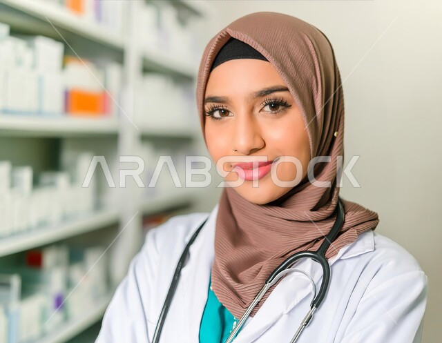 العمل في القطاع السعودي الصحي، مهن ووظائف سعودية، تقديم الخدمات العلاجية والفحوصات الطبية للمرضى، صورة مقربة لطبيبة عربية خليجية سعودية محجبة مبتسمة ترتدي المعطف الطبي الأبيض وسماعة الفحص، النظر إلى الكاميرا بايماءات الثقة بالنفس
