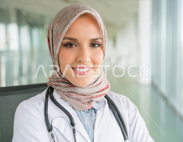 العمل في القطاع السعودي الصحي، مهن ووظائف سعودية، تقديم الخدمات العلاجية والفحوصات الطبية للمرضى، صورة مقربة لطبيبة عربية خليجية سعودية محجبة مبتسمة ترتدي المعطف الطبي الأبيض وسماعة الفحص، النظر إلى الكاميرا بايماءات الثقة بالنفس