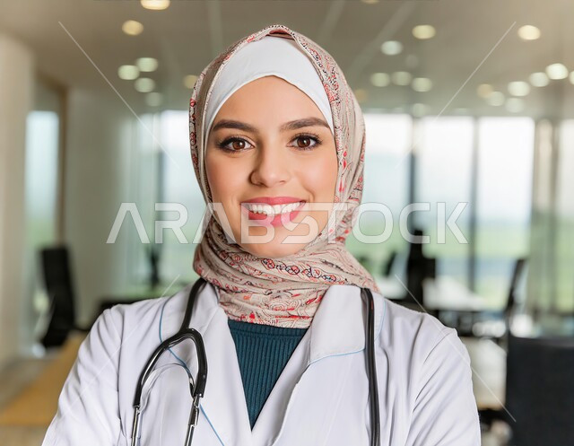 مهن ووظائف سعودية، تقديم الخدمات العلاجية والفحوصات الطبية للمرضى، صورة مقربة لطبيبة عربية خليجية سعودية محجبة مبتسمة ترتدي المعطف الطبي الأبيض وسماعة الفحص، النظر إلى الكاميرا بايماءات الثقة بالنفس، العمل في القطاع السعودي الصحي