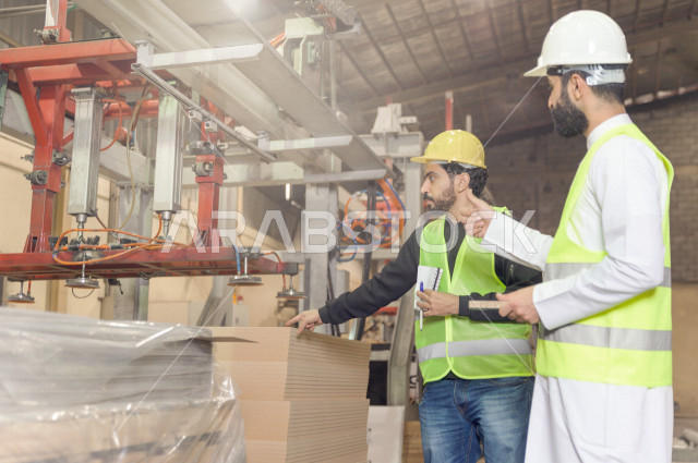 مهندسان  سعوديان عاملان يشرفان في داخل المصنع في المملكة العربية السعودية , إرتداء خوذة وسترة الحماية الخاصة بالعمل , العامل المسؤول بخوذة صفراء , المهندس المشرف بخوذة بيضاء , فحص المعدات بأنفسهم , تدقيق العمل , الإشراف والنقاش في العمل
