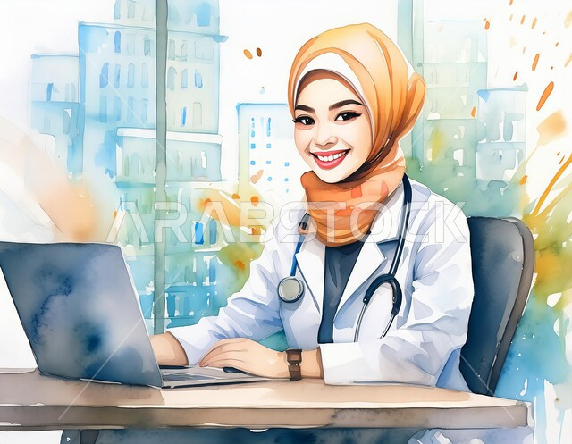دمج التقنية الحديثة في مجال العمل الطبي، تسجيل وتدوين معلومات وملفات المرضى عبر الحاسب المحمول، مهن ووظائف سعودية، تقديم الخدمات العلاجية والفحوصات للمرضى، رسومات بالوان مائية لطبيبة عربية خليجية سعودية محجبة مبتسمة ترتدي المعطف الطبي الأبيض وسماعة الفحص
