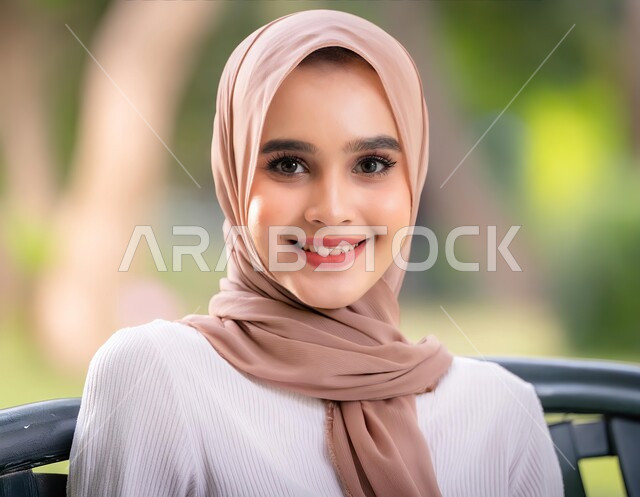 مفهوم الأنوثة والنعومة، الاهتمام بالأناقة والمظهر الخارجي، صورة مقربة لامرأة عربية خليجية سعودية محجبة تنظر الى الكاميرا بإيماءات الثقة بالنفس و السرور، حجابات نسائية عصريه حديثه